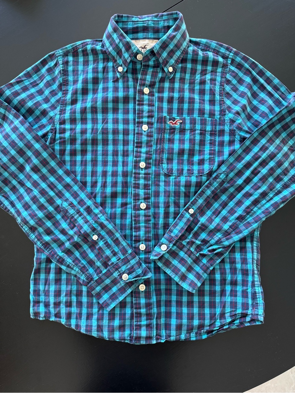 Hollister Teal & Navy Plaid Long-Sleeve Button-Down Shirt